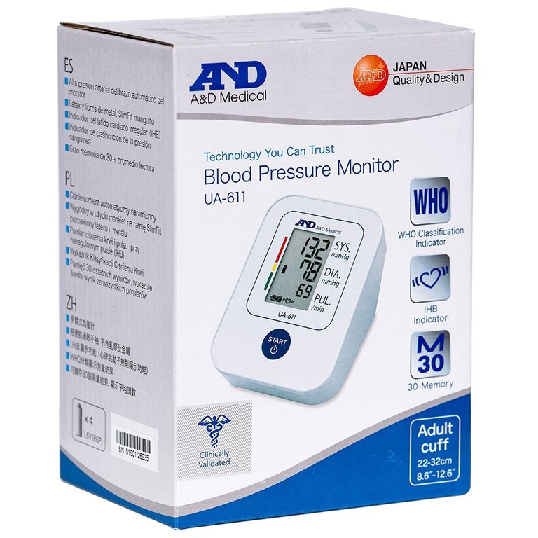 Máy đo huyết áp bắp tay tự động AND UA-611 hỗ trợ đo huyết áp và nhịp tim