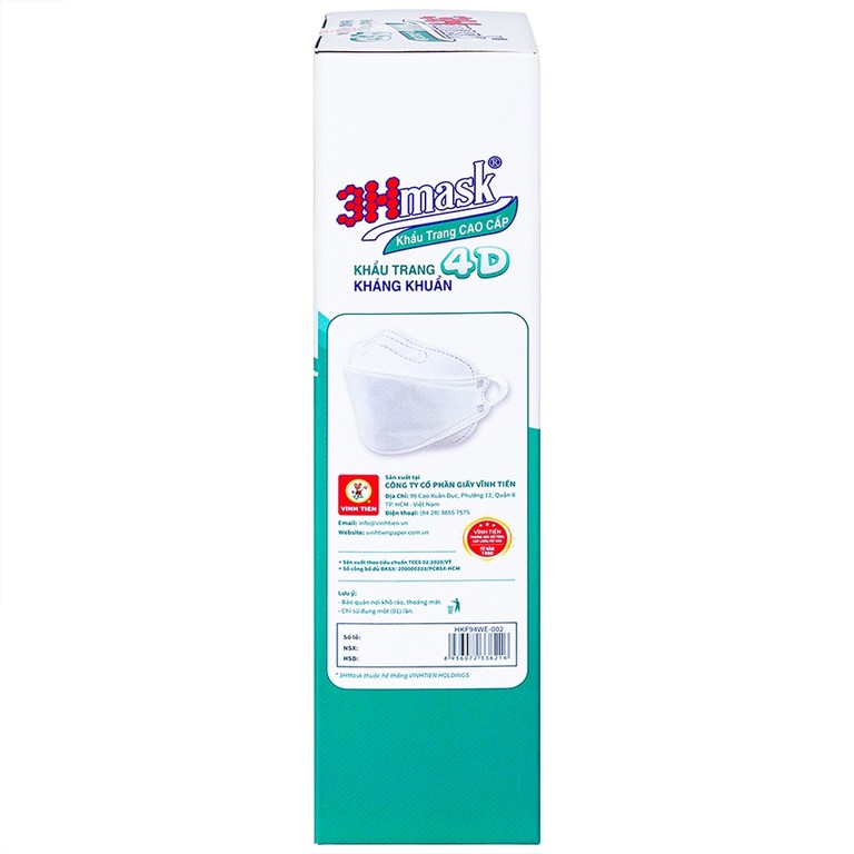 Khẩu trang y tế cao cấp 3Hmask 4D Vĩnh Tiến màu trắng hỗ trợ ngăn khói, bụi, kháng khuẩn (20 cái)