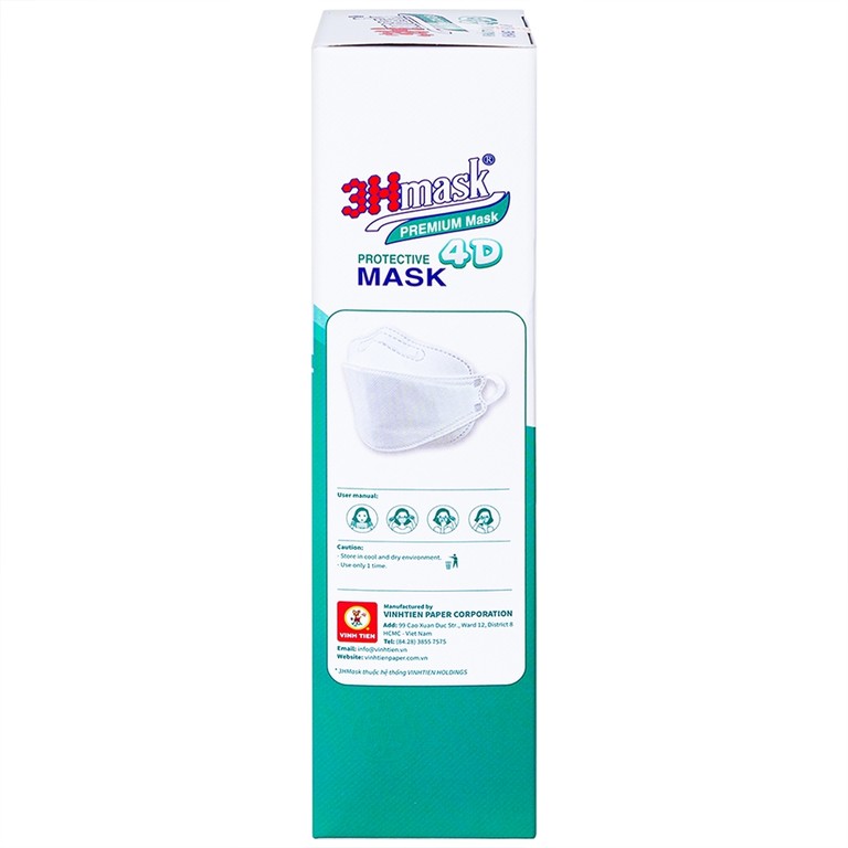 Khẩu trang y tế cao cấp 3Hmask 4D Vĩnh Tiến màu trắng hỗ trợ ngăn khói, bụi, kháng khuẩn (20 cái)