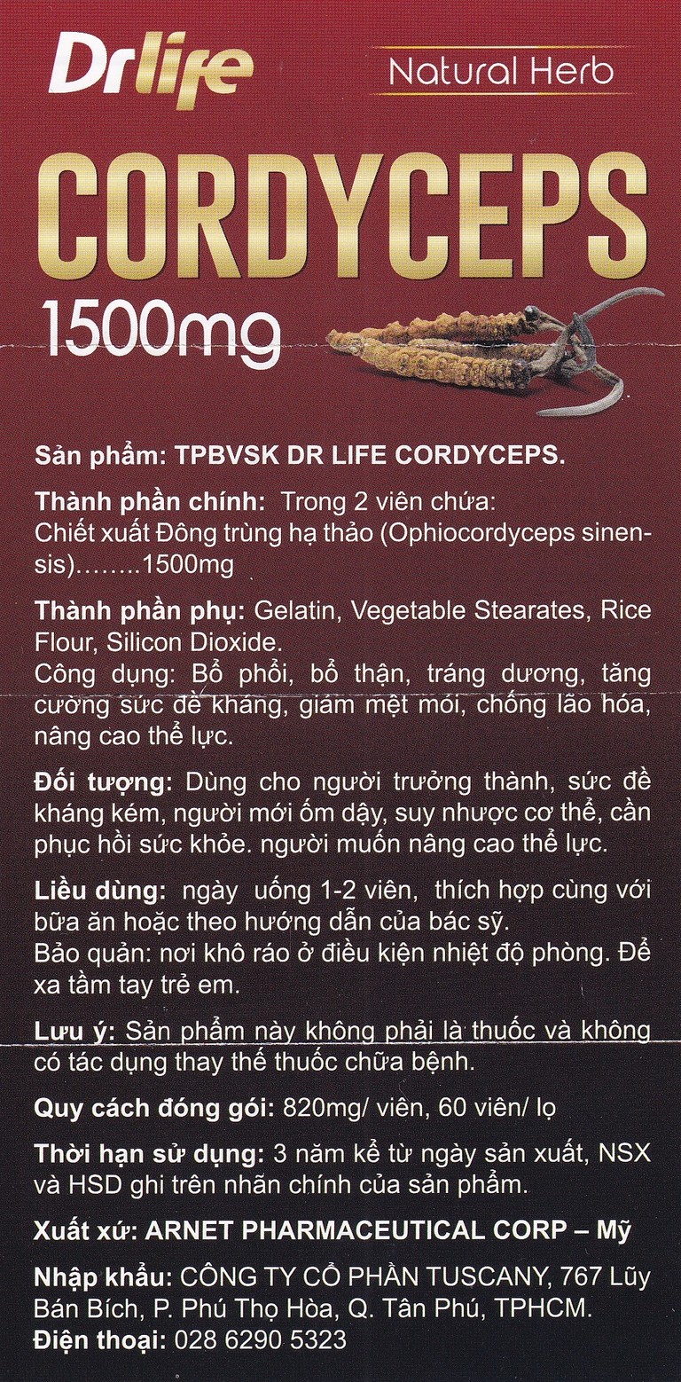 Viên uống Đông Trùng Hạ Thảo Dr Life Natural Herb Cordyceps 1500mg tăng cường sức đề kháng (60 viên)