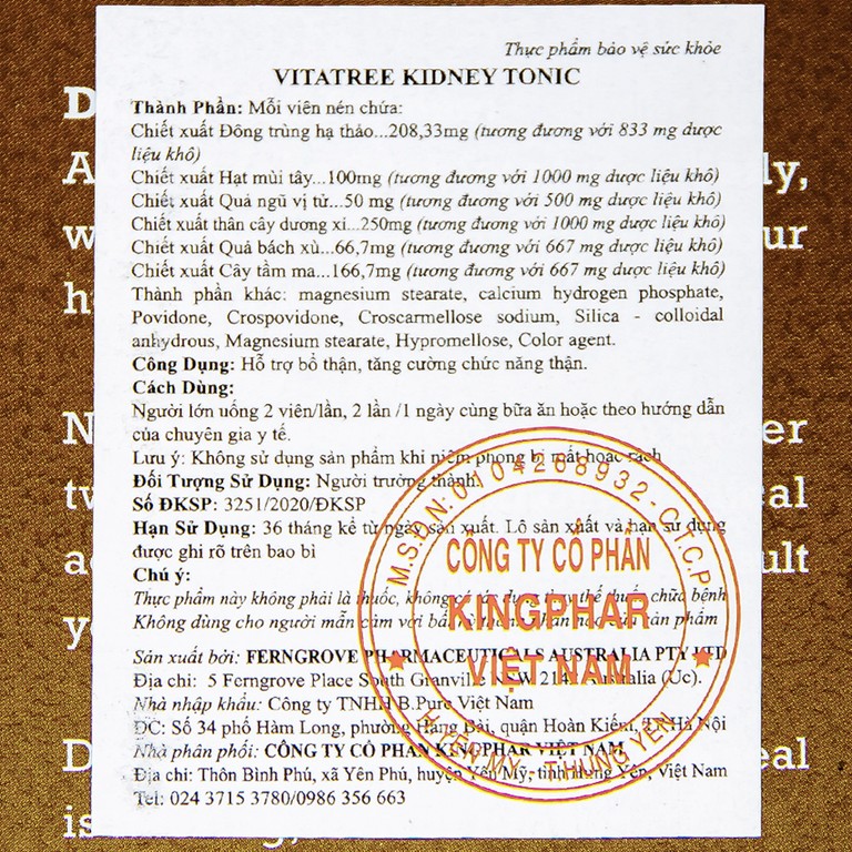 Viên uống Vitatree Kidney Tonic hỗ trợ bổ thận, tăng cường chức năng thận (100 viên)