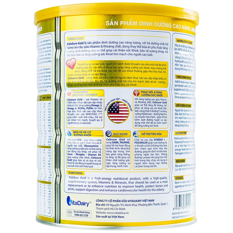 Sữa bột CaloSure gold Vitadairy ít đường, tăng cường sức khỏe tim mạch, hồi phục sức khỏe (900g)