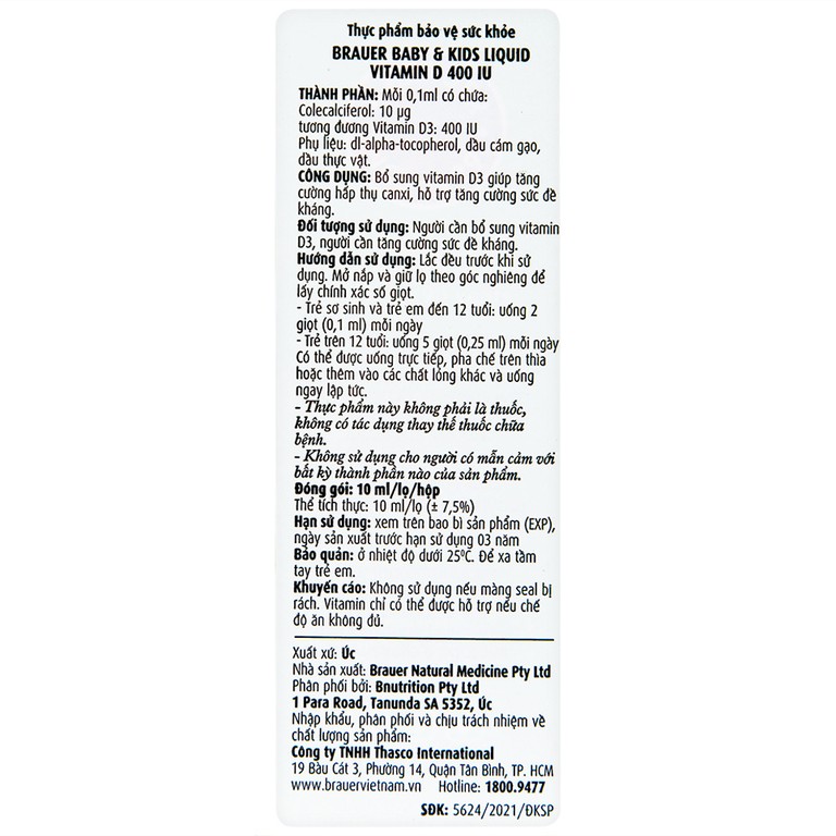 Siro Brauer Baby & Kids Liquid Vitamin D 400IU bổ sung vitamin D3, tăng cường hấp thụ canxi (10ml)