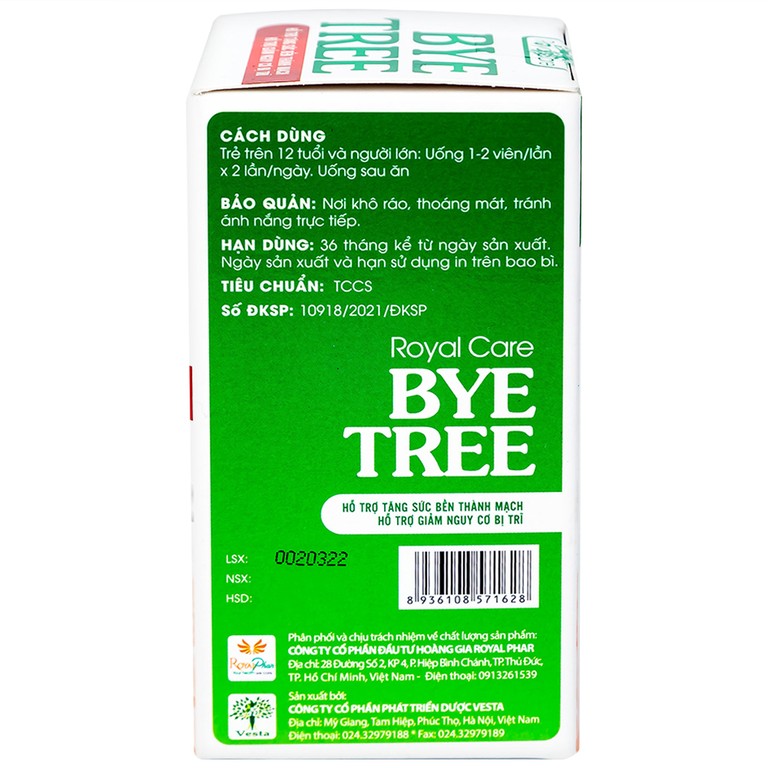 Viên uống Bye Tree Royal Care hỗ trợ tăng sức bền thành mạch, giảm nguy cơ bị trĩ (60 viên)