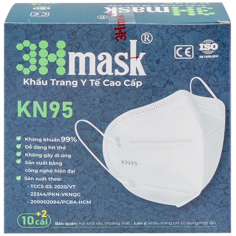 Khẩu trang y tế cao cấp KN95 3Hmask Vĩnh Tiến màu trắng hỗ trợ ngăn khói, bụi, kháng khuẩn (12 cái)