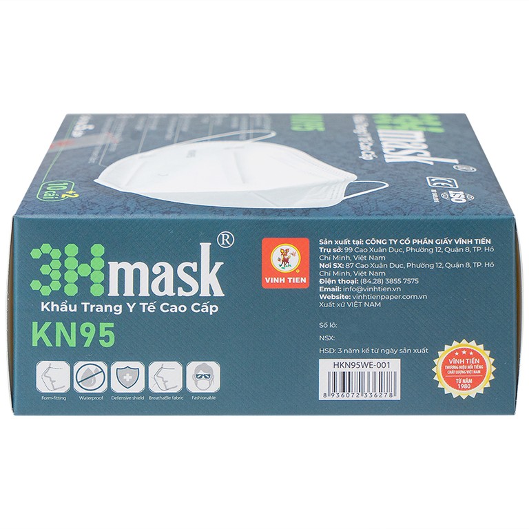 Khẩu trang y tế cao cấp KN95 3Hmask Vĩnh Tiến màu trắng hỗ trợ ngăn khói, bụi, kháng khuẩn (12 cái)