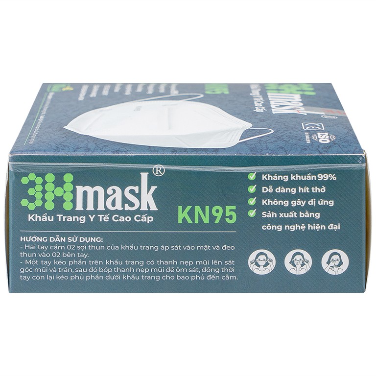Khẩu trang y tế cao cấp KN95 3Hmask Vĩnh Tiến màu trắng hỗ trợ ngăn khói, bụi, kháng khuẩn (12 cái)
