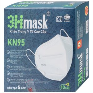 Khẩu trang y tế cao cấp KN95 3Hmask Vĩnh Tiến màu trắng hỗ trợ ngăn khói, bụi, kháng khuẩn (12 cái)