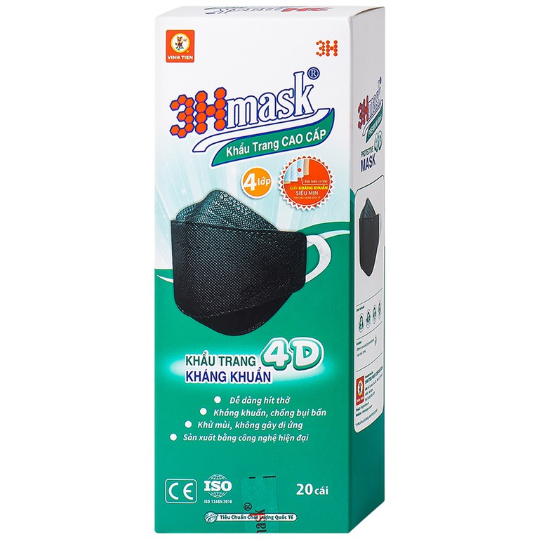 Khẩu trang y tế cao cấp 3Hmask Vĩnh Tiến 4D màu đen hỗ trợ ngăn khói, bụi, kháng khuẩn (20 cái)