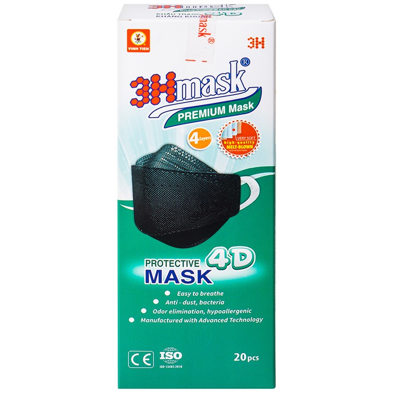 Khẩu trang y tế cao cấp 3Hmask Vĩnh Tiến 4D màu đen hỗ trợ ngăn khói, bụi, kháng khuẩn (20 cái)