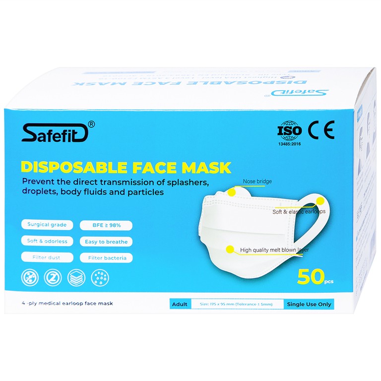 Khẩu trang y tế Safefit màu trắng 4 lớp hỗ trợ ngăn khói, bụi, kháng khuẩn (50 cái)