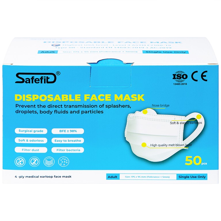 Khẩu trang y tế Safefit màu trắng 4 lớp hỗ trợ ngăn khói, bụi, kháng khuẩn (50 cái)