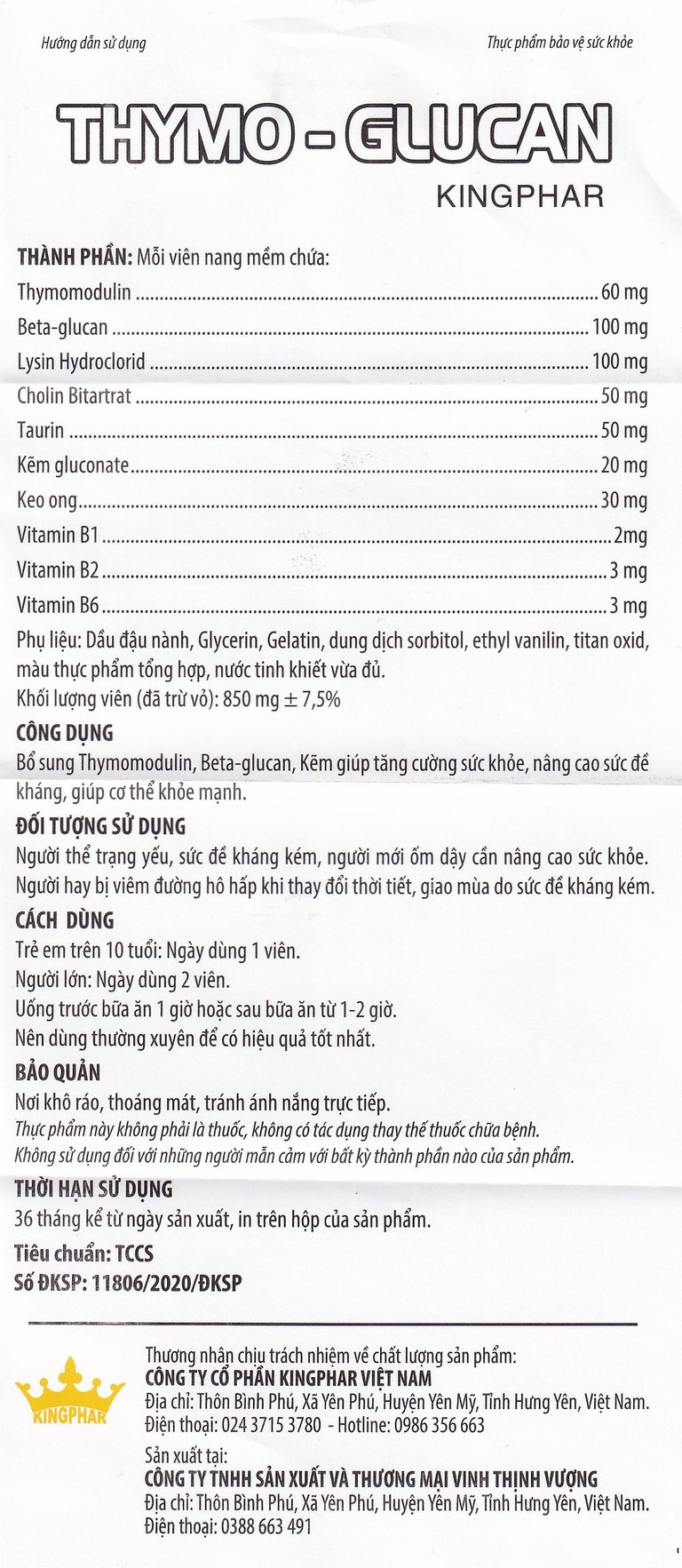 Viên uống Thymo-Glucan Kingphar nâng cao sức đề kháng, giúp cơ thể khỏe mạnh (3 vỉ x 10 viên)