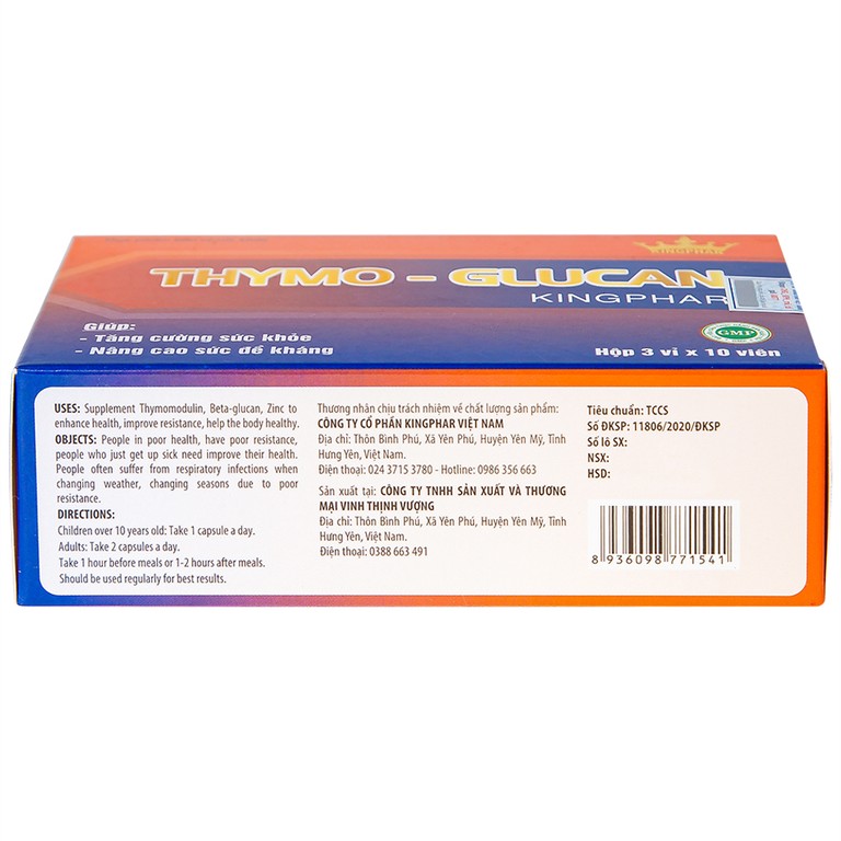 Viên uống Thymo-Glucan Kingphar nâng cao sức đề kháng, giúp cơ thể khỏe mạnh (3 vỉ x 10 viên)