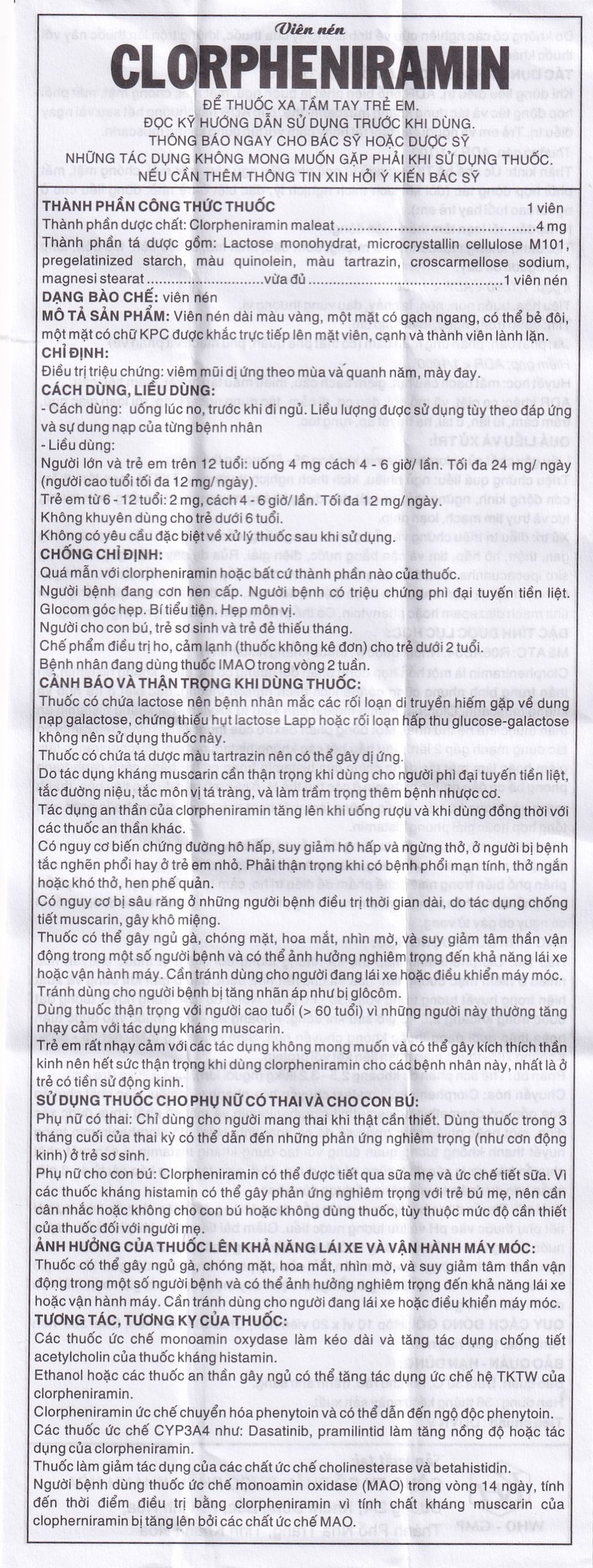 Thuốc Clorpheniramin 4mg Khapharco điều trị triệu chứng viêm mũi dị ứng theo mùa, quanh năm và mày đay (10 vỉ x 20 viên)
