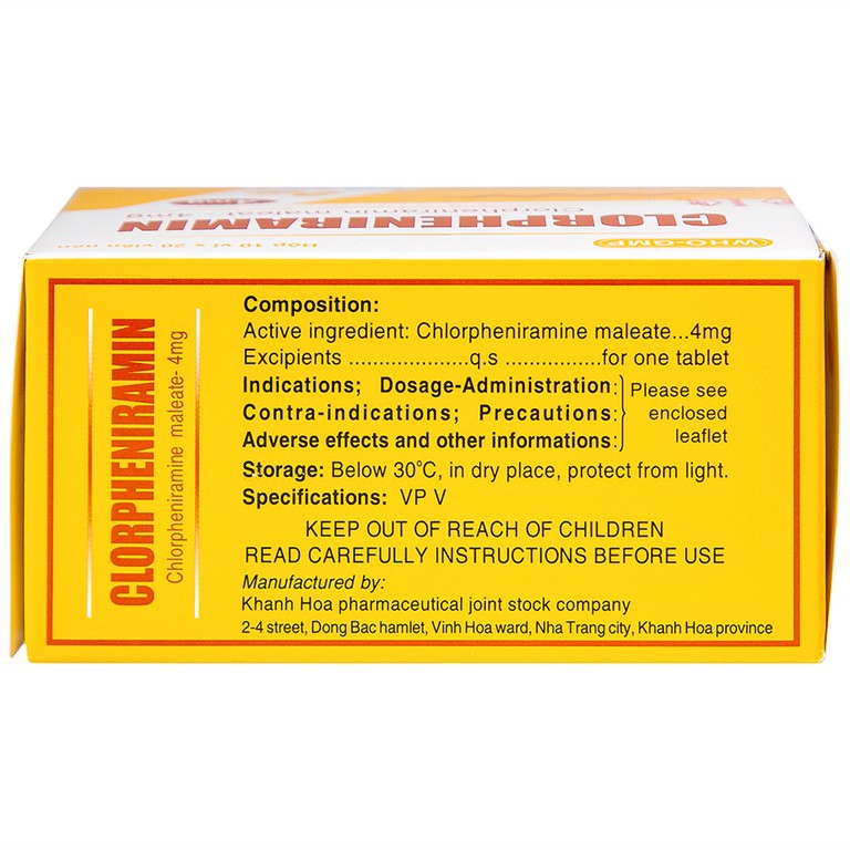 Thuốc Clorpheniramin 4mg Khapharco điều trị triệu chứng viêm mũi dị ứng theo mùa, quanh năm và mày đay (10 vỉ x 20 viên)