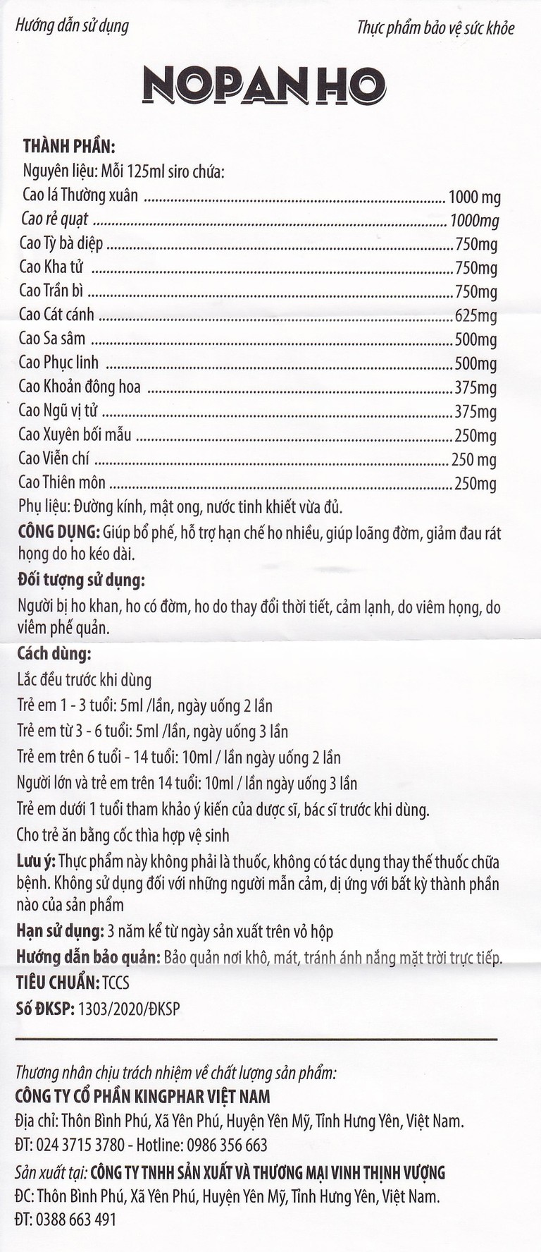 Siro Nopanho Kingphar giúp bổ phế, hạn chế ho nhiều (125ml)