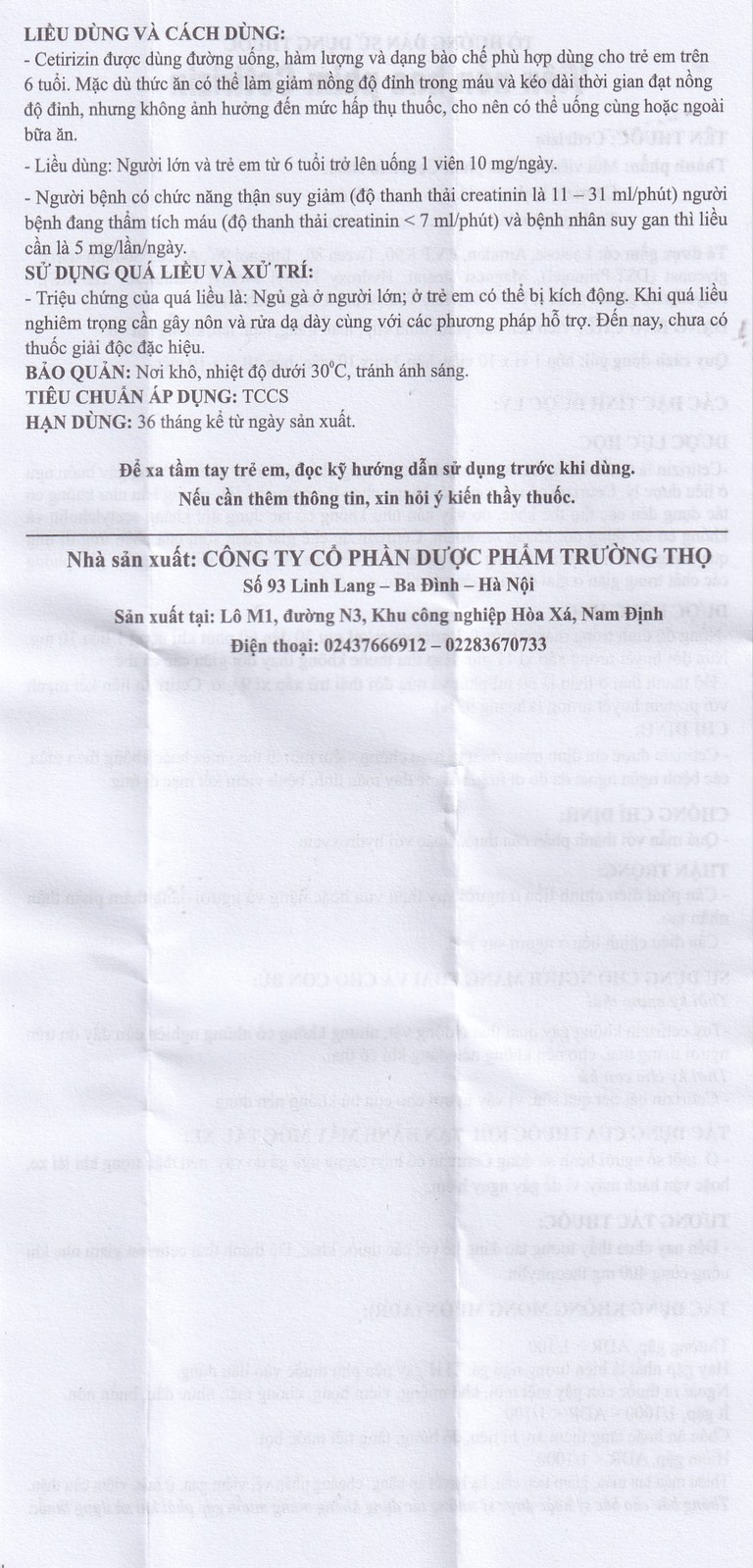 Thuốc Cetirizin 10mg Trường Thọ trị ngứa ngoài da do dị ứng (10 vỉ x 10 viên)