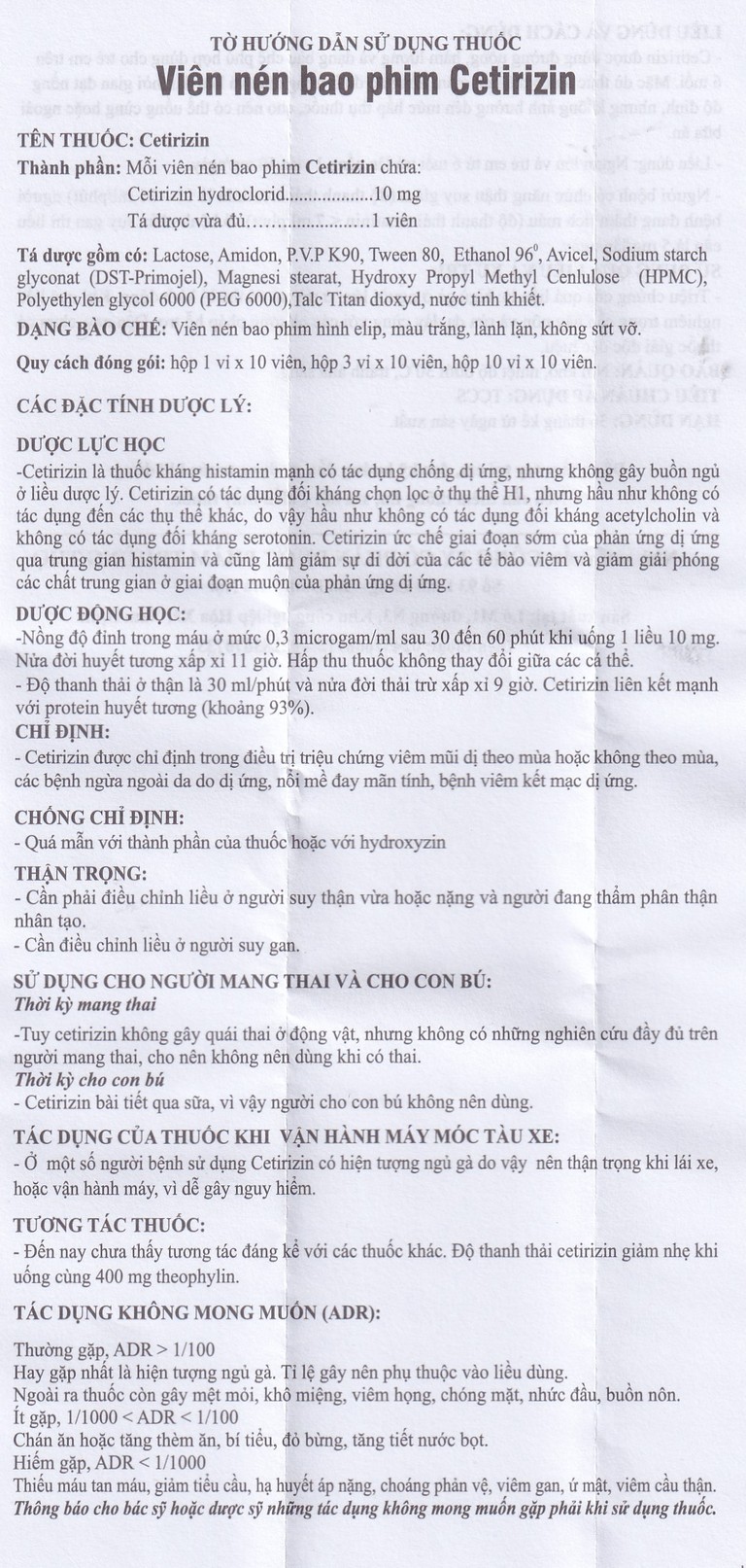 Thuốc Cetirizin 10mg Trường Thọ trị ngứa ngoài da do dị ứng (10 vỉ x 10 viên)