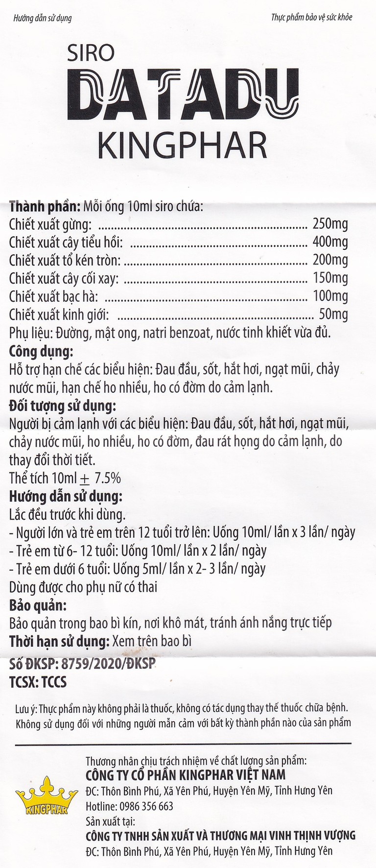 Siro Datadu Kingphar hỗ trợ hạn chế đau đầu, sốt, ho (4 vỉ x 5 ống x 10ml)