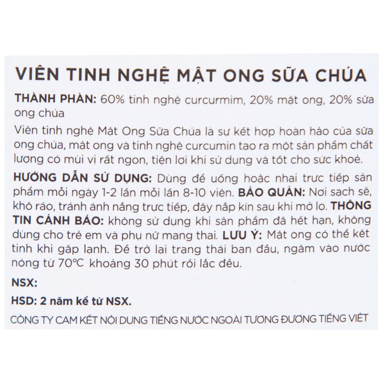 Viên Tinh Nghệ Mật Ong Sữa Chúa Honeyland (120g)