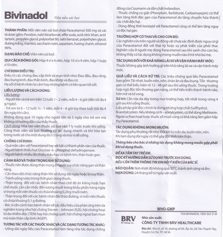 Thuốc sủi bọt Bivinadol 500mg BRV giảm đau, hạ sốt (4 vỉ x 4 viên)