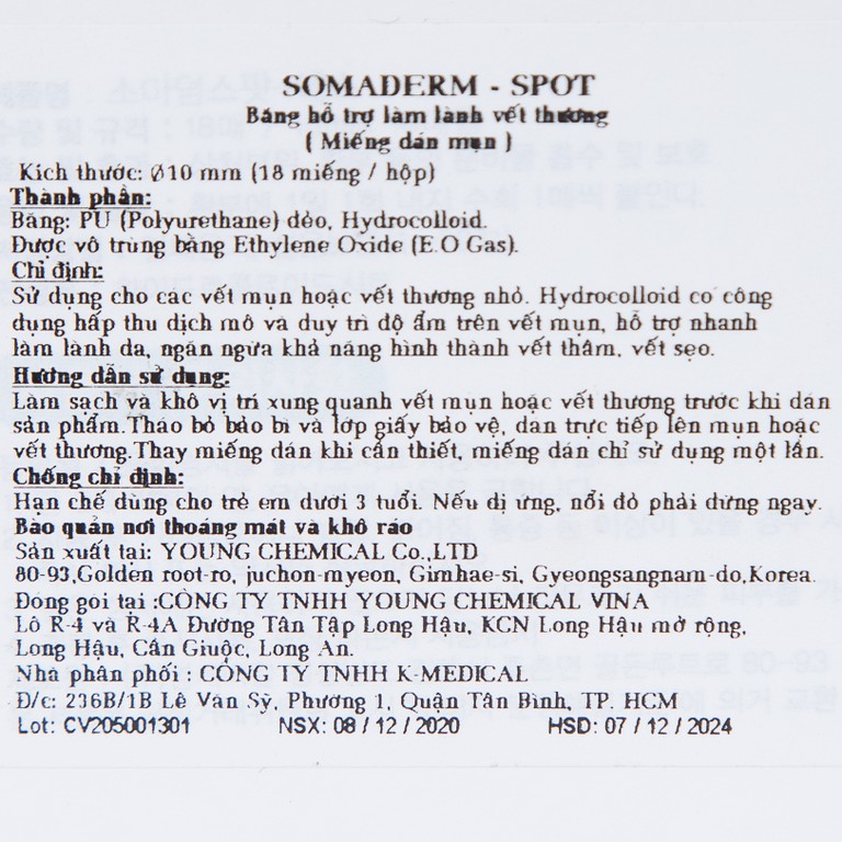 Miếng dán mụn Somaderm - Spot Young Chemical Vina hỗ trợ làm lành vết thương (18 miếng)