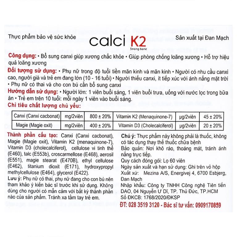 Viên uống Calci K2 Dao Nordic Health bổ sung canxi, chống loãng xương (60 viên)