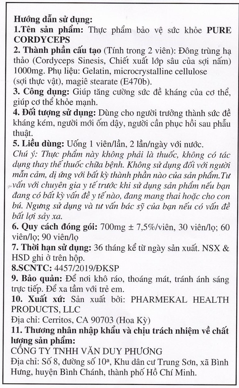 Viên uống Pure Cordyceps Pharmekal giúp tăng cường sức đề kháng của cơ thể (60 viên)