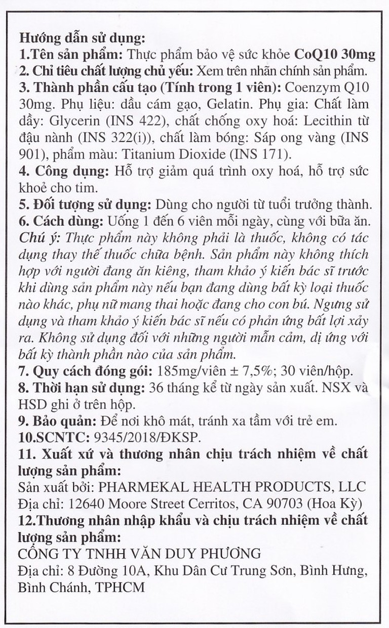 Viên uống CoQ10 30mg Pharmekal giảm quá trình oxy hóa, hỗ trợ sức khỏe cho tim (30 viên)
