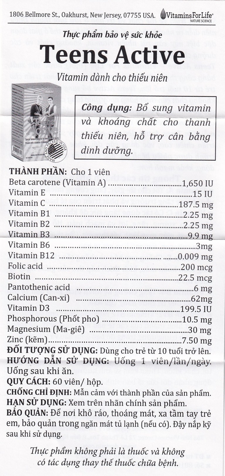 Viên uống Teens Active Vitamins For Life bổ sung vitamin và khoáng chất cho thanh thiếu niên (60 viên)