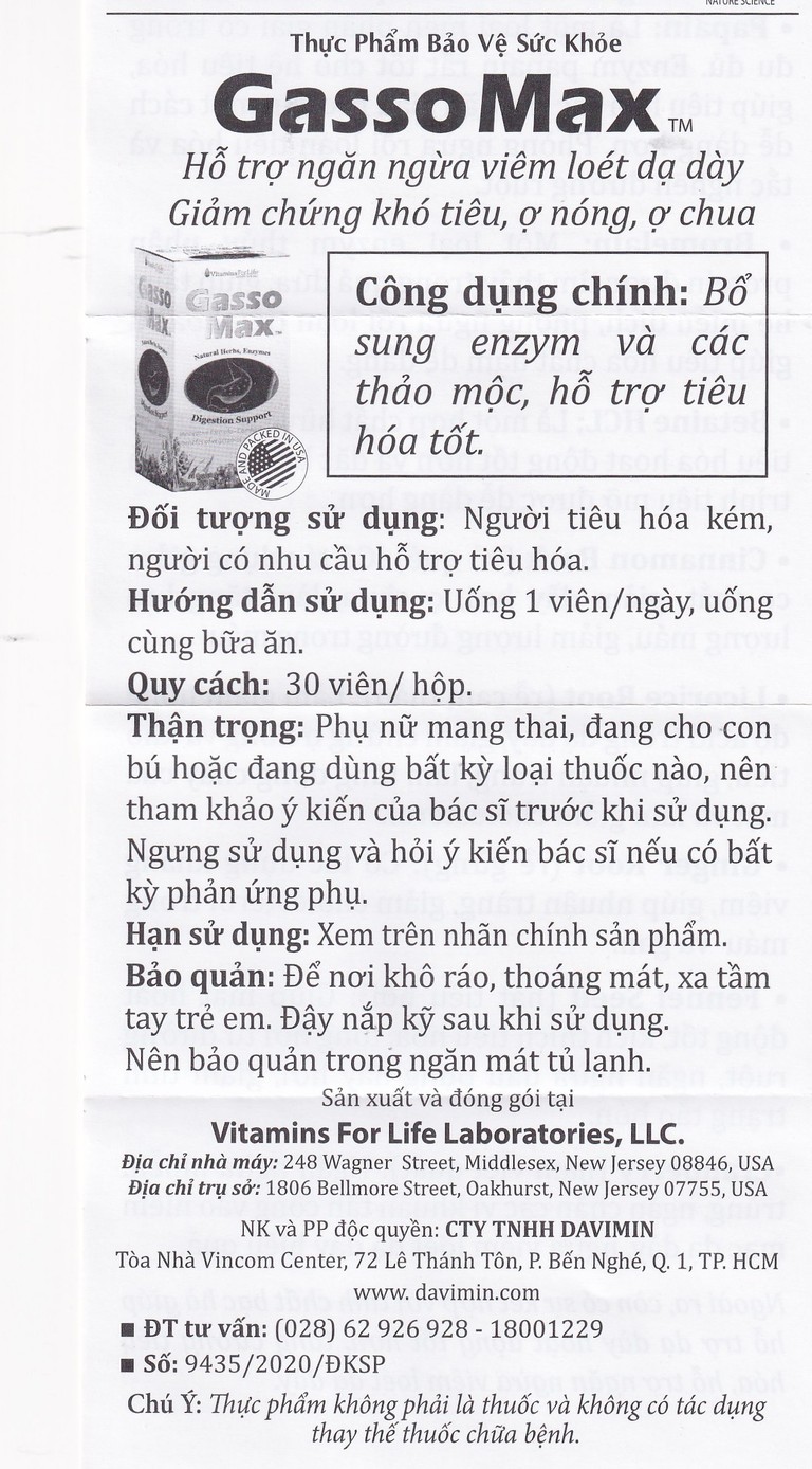 Viên uống Gasso Max Vitamins For Life bổ sung enzyme và các thảo mộc, hỗ trợ tiêu hóa tốt (30 viên)