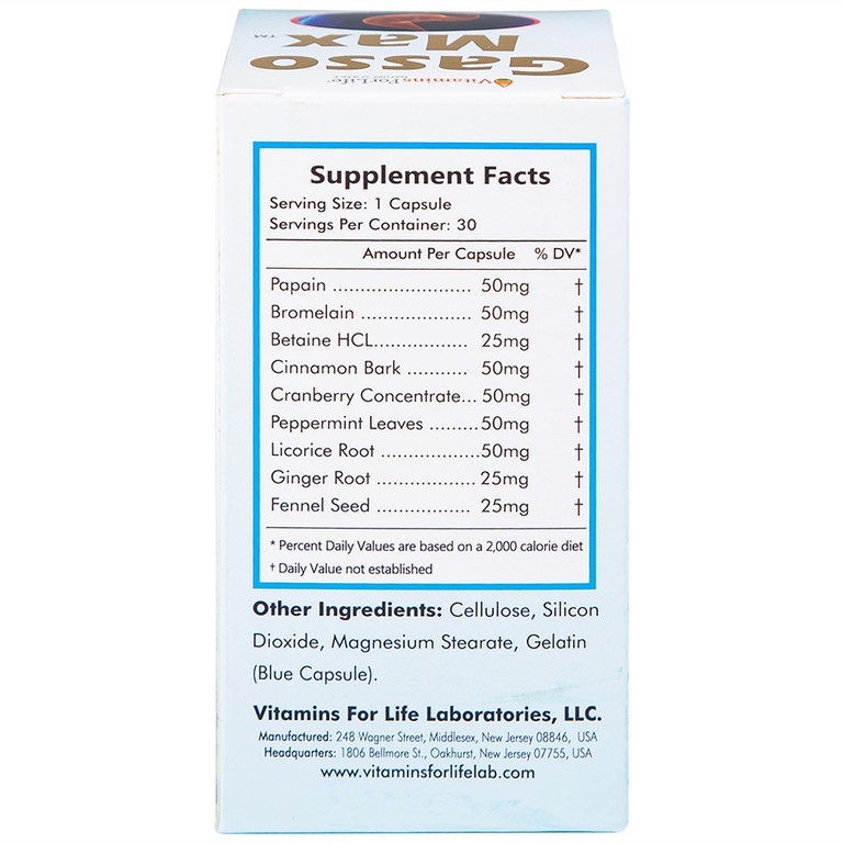Viên uống Gasso Max Vitamins For Life bổ sung enzyme và các thảo mộc, hỗ trợ tiêu hóa tốt (30 viên)