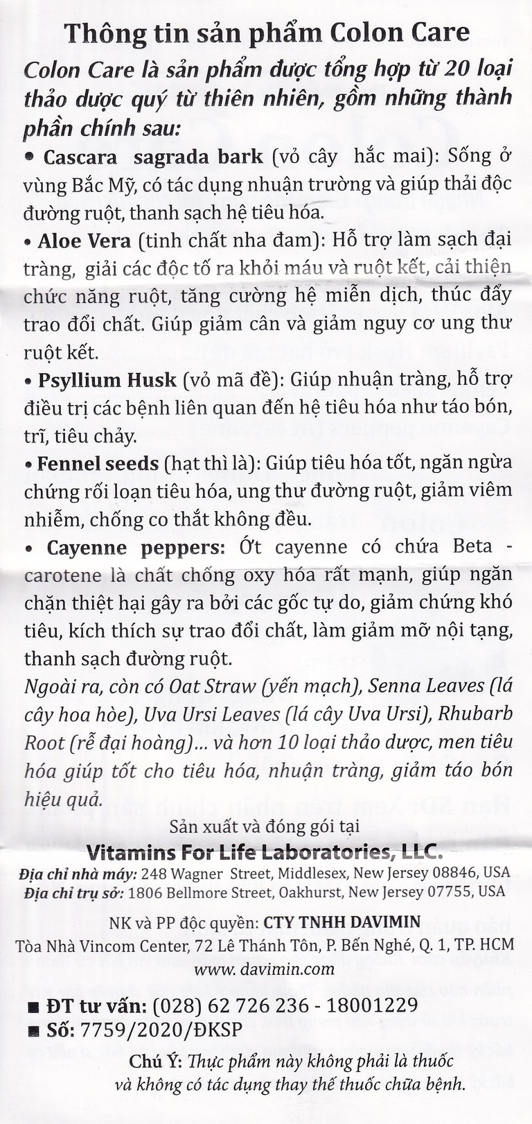 Viên uống Colon Care Vitamins For Life giúp nhuận tràng, giảm táo bón (60 viên)