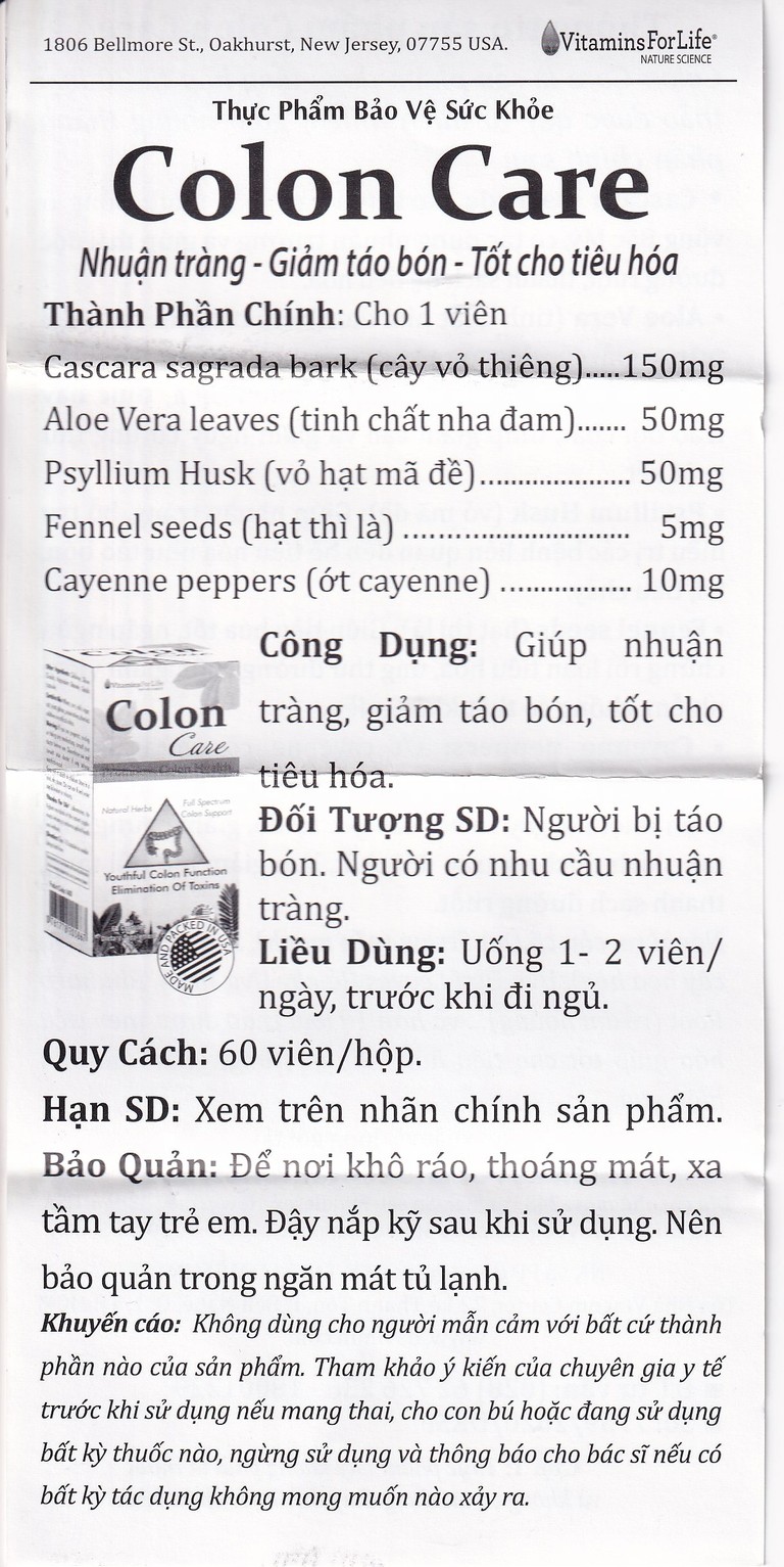 Viên uống Colon Care Vitamins For Life giúp nhuận tràng, giảm táo bón (60 viên)