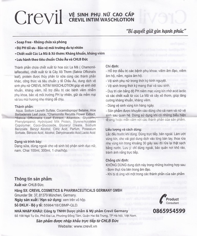 Dung dịch vệ sinh phụ nữ Crevil Intim Waschlotion chống viêm, cân bằng pH (100ml)