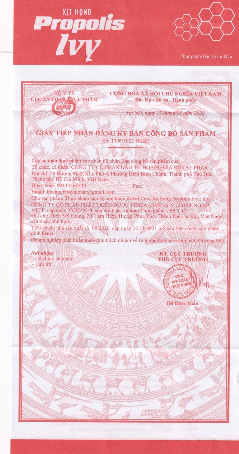 Xịt họng Propolis Ivy Royal Care giảm ho, đờm, đau rát họng, khản tiếng do viêm họng, viêm phế quản (20ml)