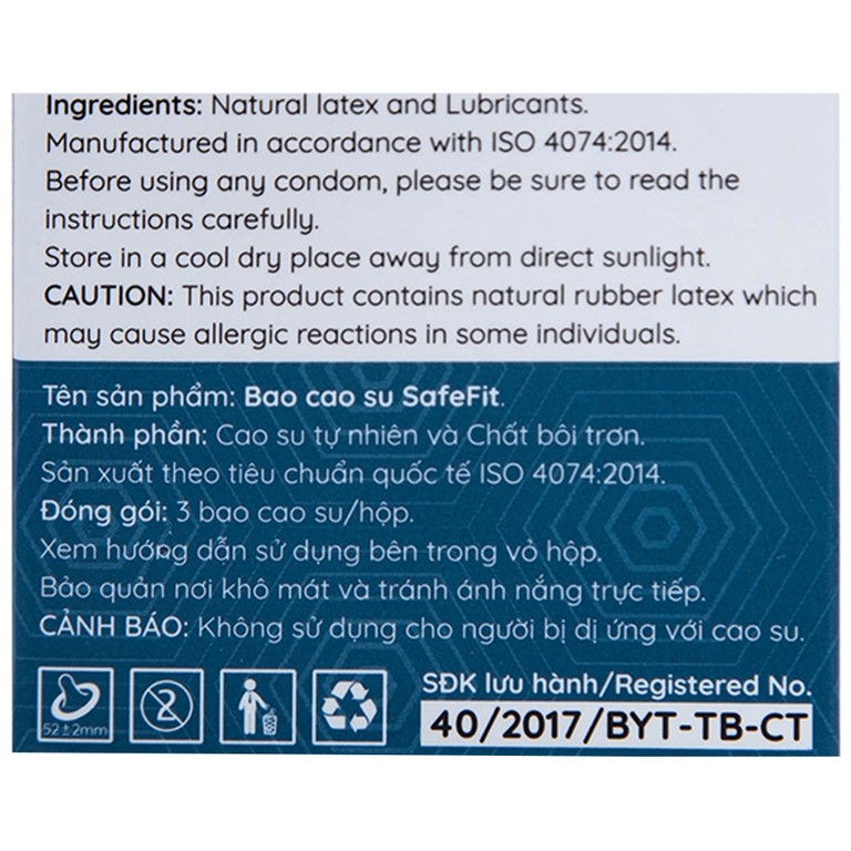 Bao cao su Safefit Comfortable S52 không mùi khó chịu, độ bền cao, khả năng co giãn tốt, chất bôi trơn (3 cái)