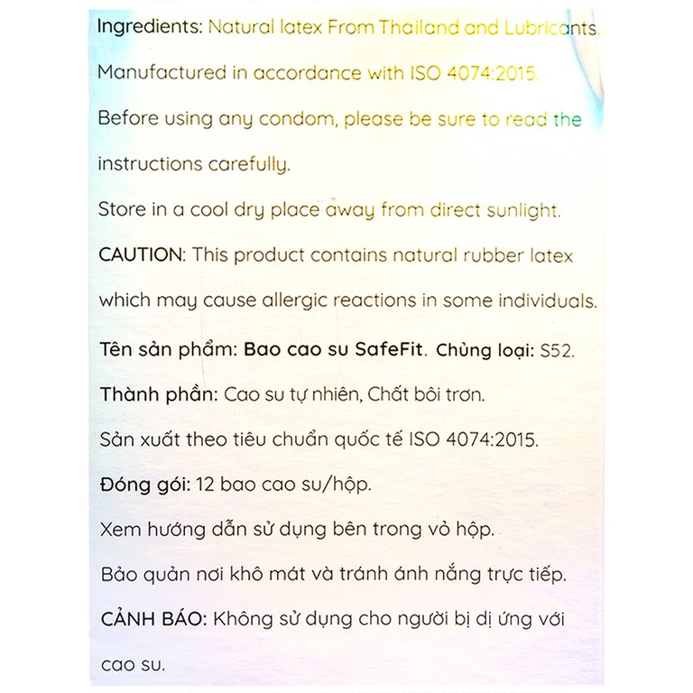 Bao cao su Safefit 003 S52 siêu mỏng, không gây kích ứng, có chất bôi trơn (12 cái)