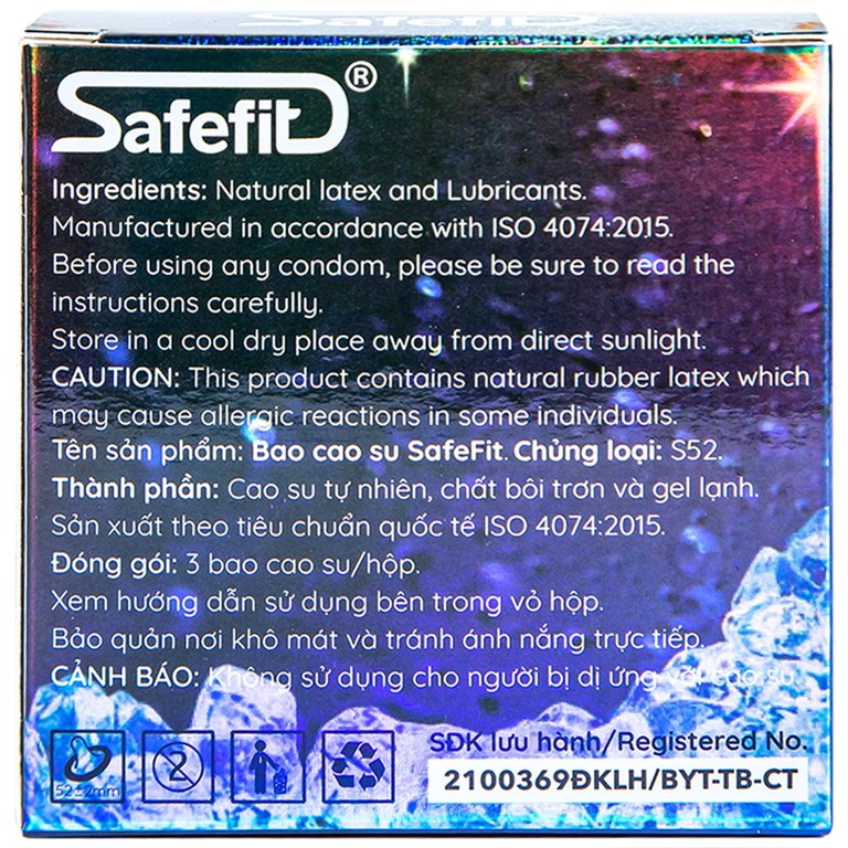 Bao cao su Safefit Freezer Max S52 chứa nhiều gel làm mát, kéo dài thời gian quan hệ (3 cái)