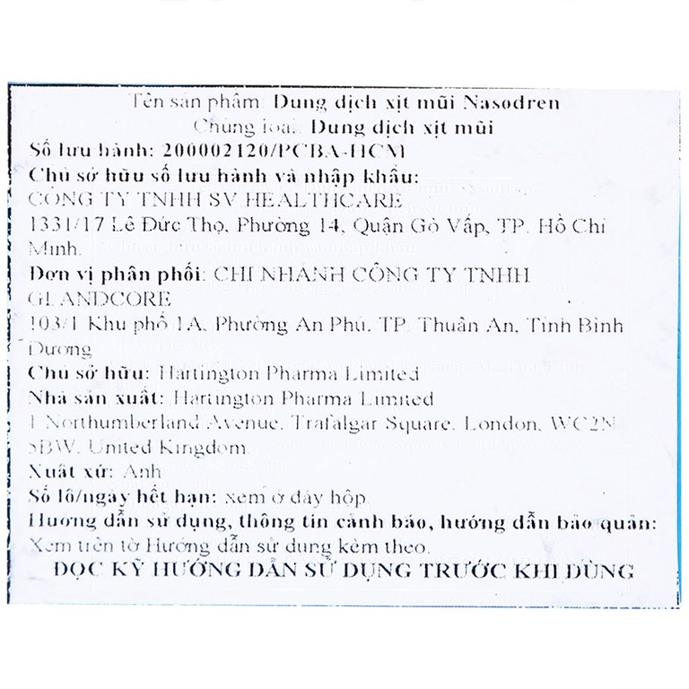 Dung dịch xịt mũi Nasodren Hartington làm sạch mũi, xoang, giảm triệu chứng viêm xoang cấp tính và mãn tính (50mg)