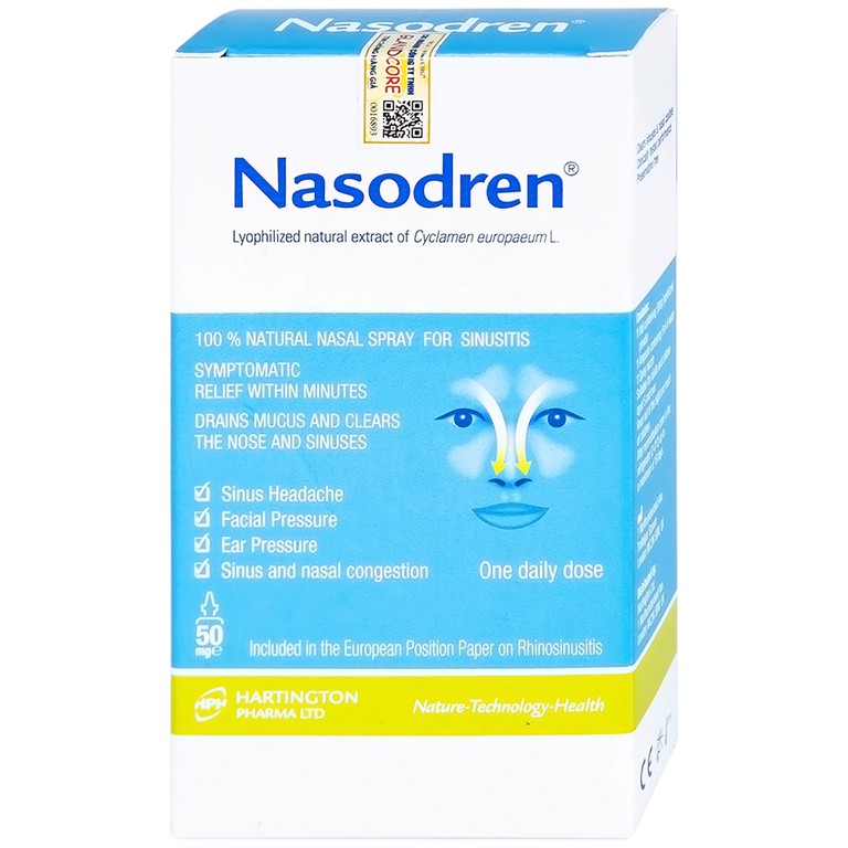Dung dịch xịt mũi Nasodren Hartington làm sạch mũi, xoang, giảm triệu chứng viêm xoang cấp tính và mãn tính (50mg)