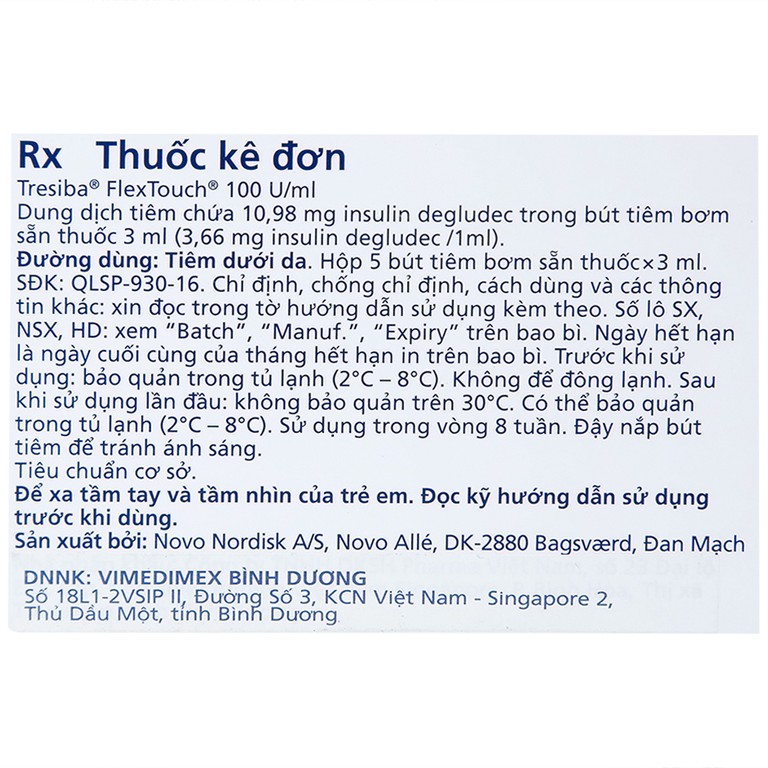 Thuốc tiêm Tresiba 100units/ml điều trị đái tháo đường (5 cây x 3ml)
