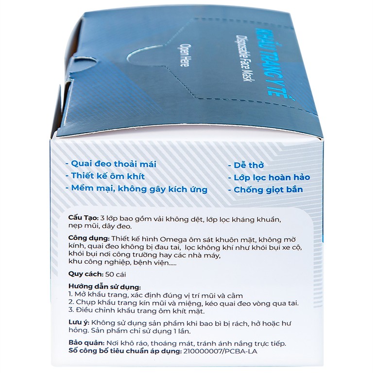 Khẩu trang y tế Naturecare màu trắng 3 lớp hỗ trợ ngăn khói, bụi, kháng khuẩn (50 cái)