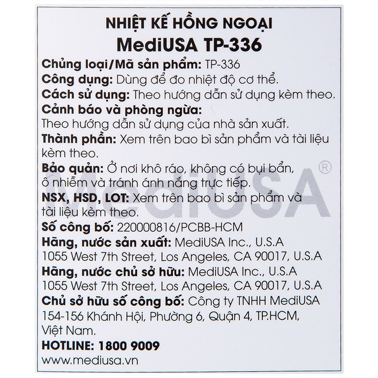 Nhiệt kế hồng ngoại MediUSA TP-336 đo không chạm, cho kết quả nhanh trong 3 giây
