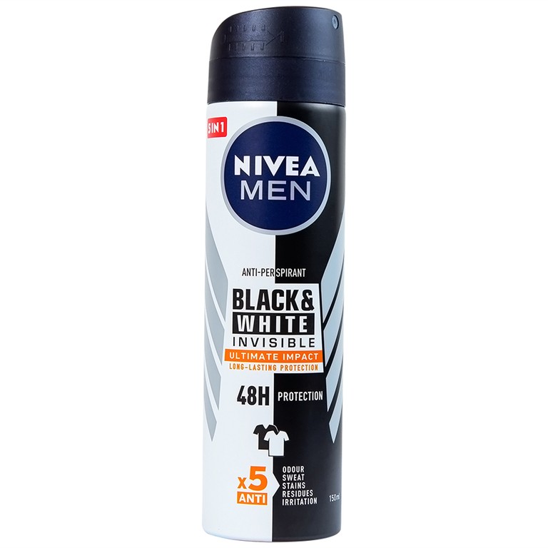 Xịt ngăn mùi Nivea Men Black & White Invisible Ultimate Impact giảm vết ố vàng, mồ hôi và mùi trong 48h (150ml)