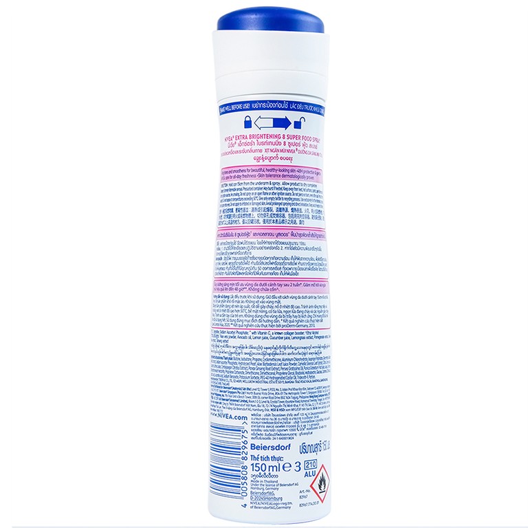 Xịt khử mùi Nivea Anti-Perspirant Extra Brightening 8 Super Food giảm tiết mồ hôi, ngăn mùi đến 48h (150ml)