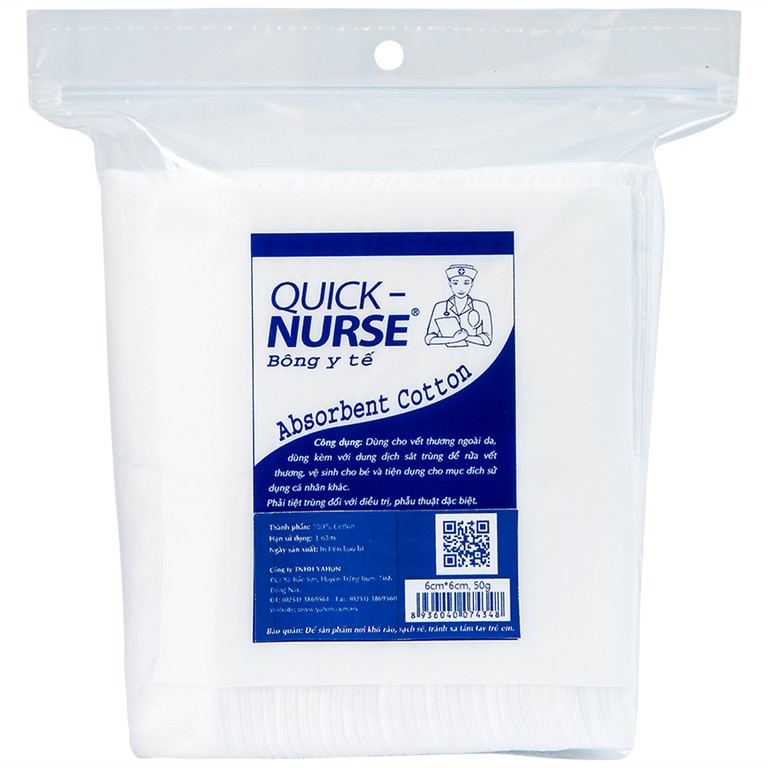 Bông y tế Quick Nurse 6cm x 6cm (50g) dùng cho vết thương ngoài da, sát trùng, vệ sinh cho bé