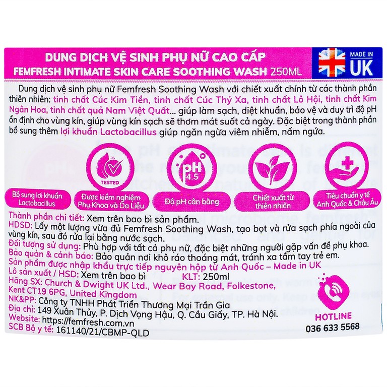 Dung dịch vệ sinh phụ nữ Femfresh Intima Skin Care Soothing Wash hỗ trợ điều trị viêm nhiễm phụ khoa (250ml)