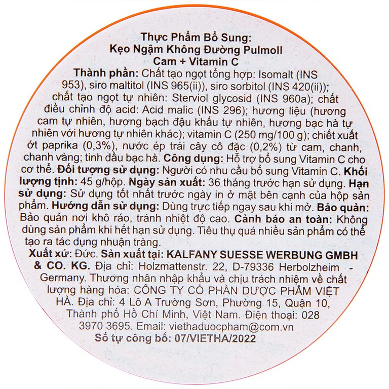 Kẹo Ngậm Không Đường Vị Cam Và Vitamin C Pulmoll (45g)